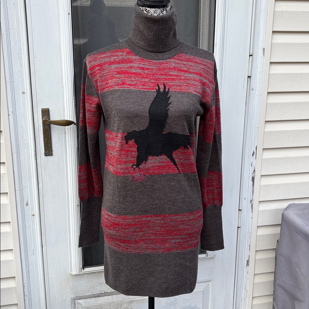 VIVIENNE WESTWOOD LADIES GRAY RED BIRD RAVEN ORB LOGO DRESS/TUNIC SWEATER-S